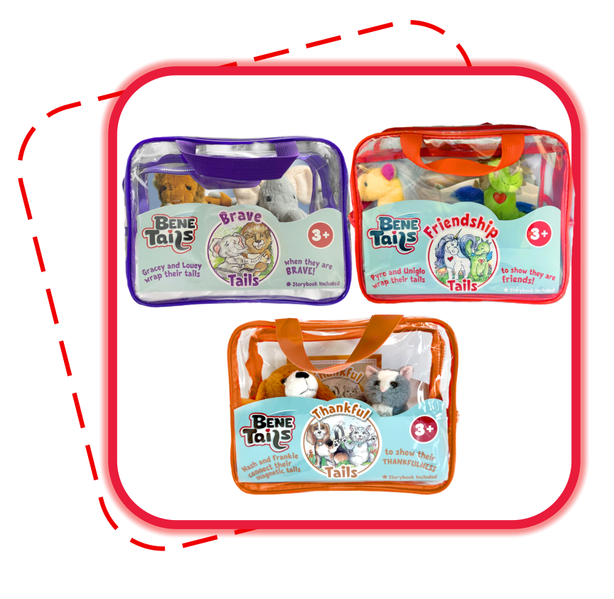 Brave Tails, Friendship Tails, and Thankful Tails in packages with mini plush and storybooks