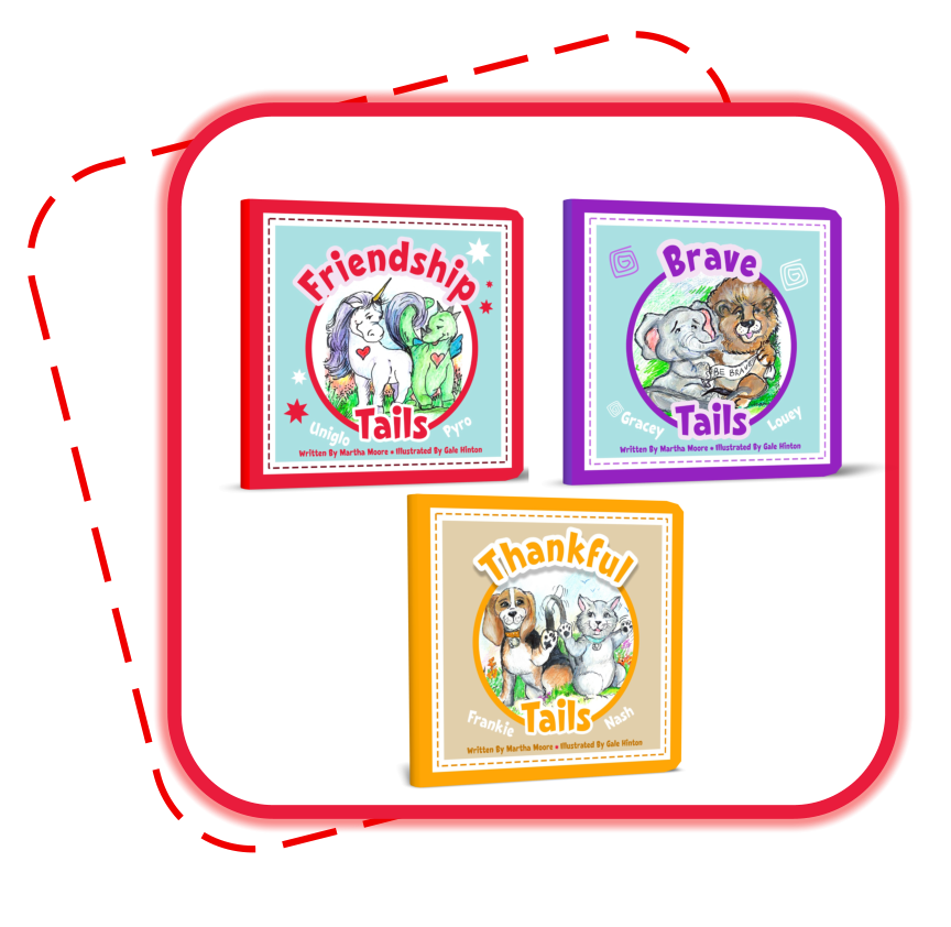 Three children's books titled 'Friendship Tails', 'Brave Tails', and 'Thankful Tails' with animal illustrations on a white background.